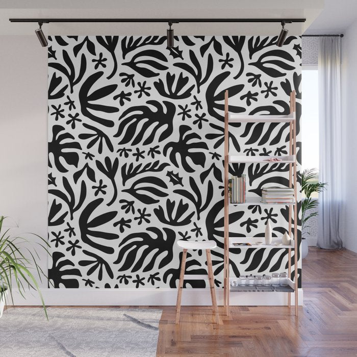 Black and white tropical summer nature pattern Wall Mural Gallery Image 1