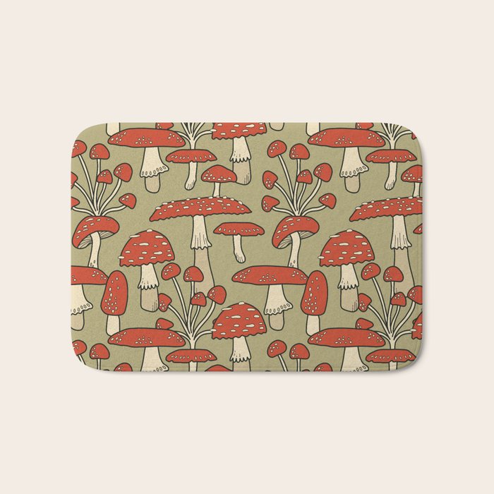 Red Cap Mushrooms on Sage Green Bath Mat Gallery Image 1