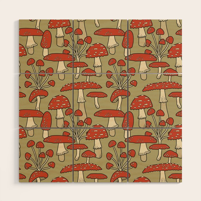 Red Cap Mushrooms on Sage Green Wood Wall Art Gallery Image 1