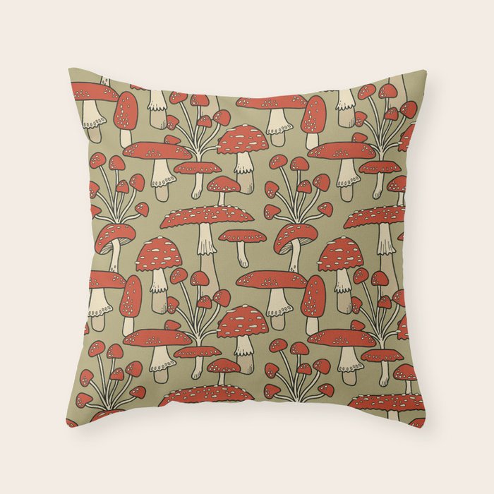Red Cap Mushrooms on Sage Green Throw Pillow Gallery Image 1