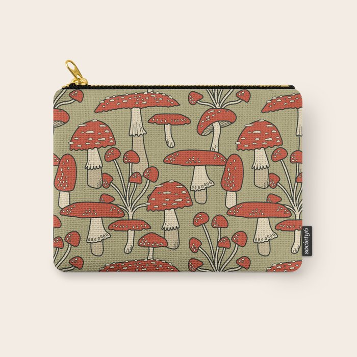 Red Cap Mushrooms on Sage Green Carry All Pouch Gallery Image 1