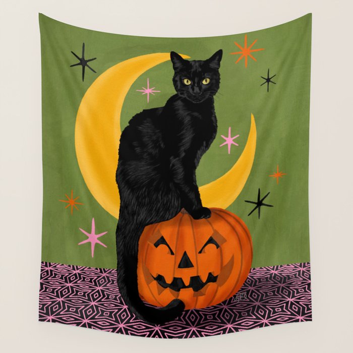 Black Cat - Moonlit Mischief on Halloween Wall Tapestry Gallery Image 4