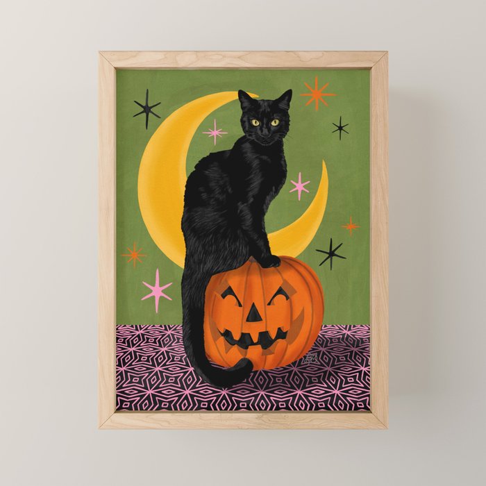Black Cat - Moonlit Mischief on Halloween Mini Art Print Gallery Image 1