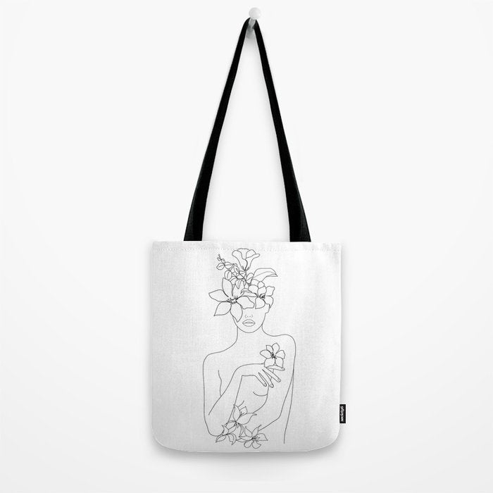 Minimal Line Art Woman with Flowers IV Tote Bag Gallery Image 2