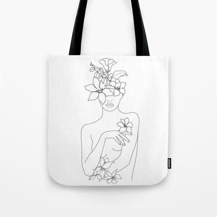 Minimal Line Art Woman with Flowers IV Tote Bag Gallery Image 1