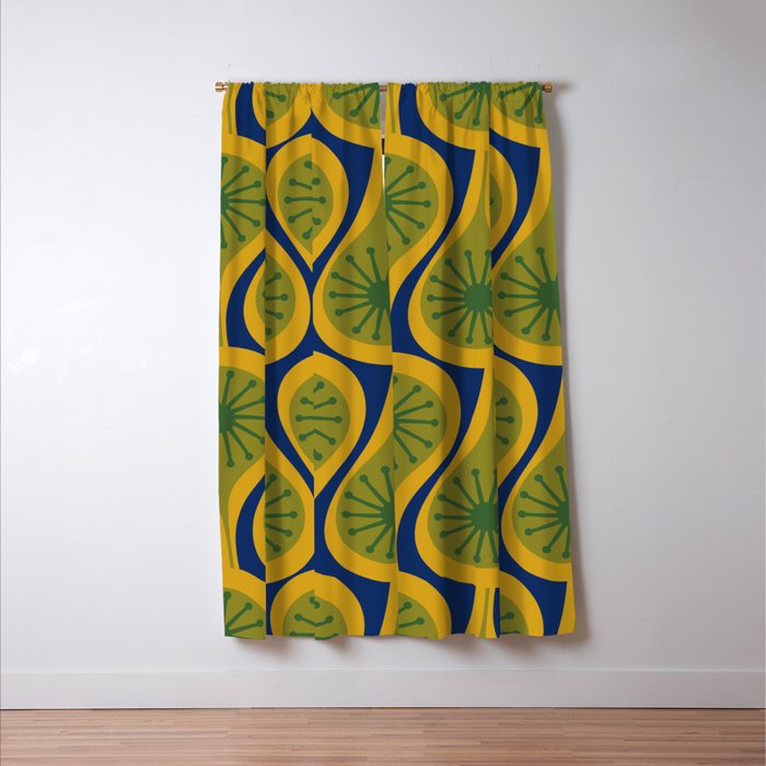 Mid Century Modern Atomic Drops Pattern Green Mustard Blue Window Curtain Gallery Image 3