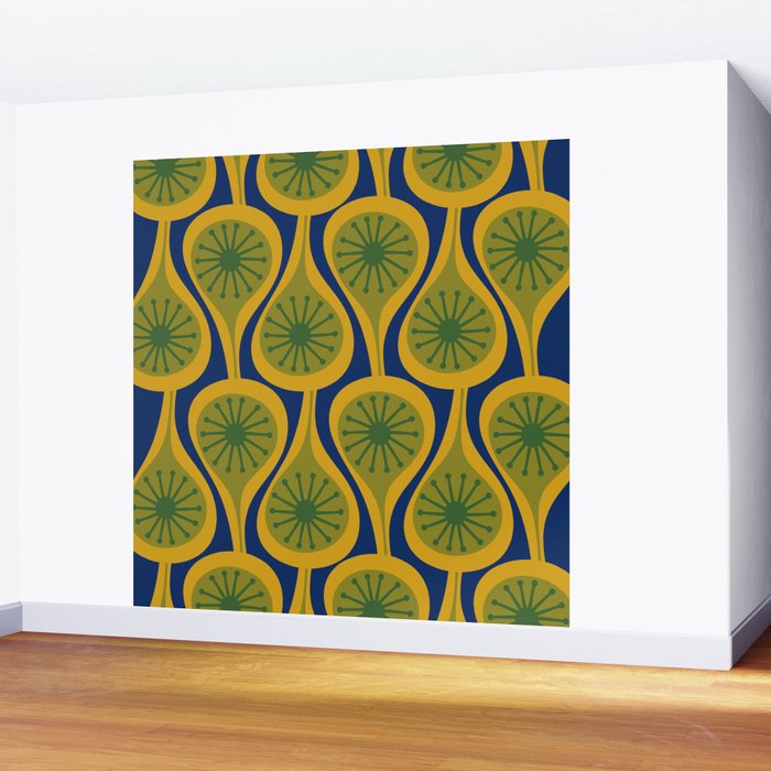 Mid Century Modern Atomic Drops Pattern Green Mustard Blue Wall Mural Gallery Image 2
