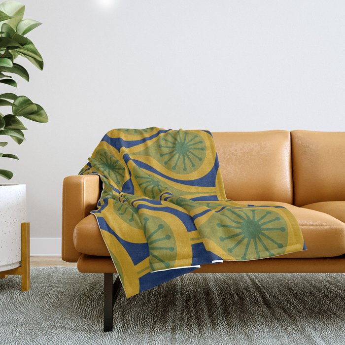 Mid Century Modern Atomic Drops Pattern Green Mustard Blue Throw Blanket Gallery Image 1