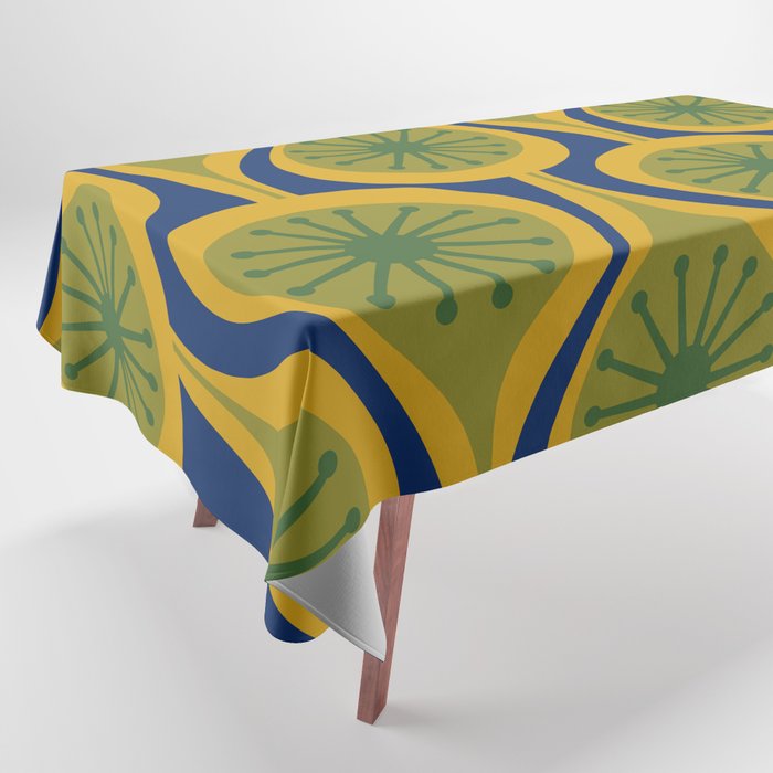 Mid Century Modern Atomic Drops Pattern Green Mustard Blue Tablecloth Gallery Image 1