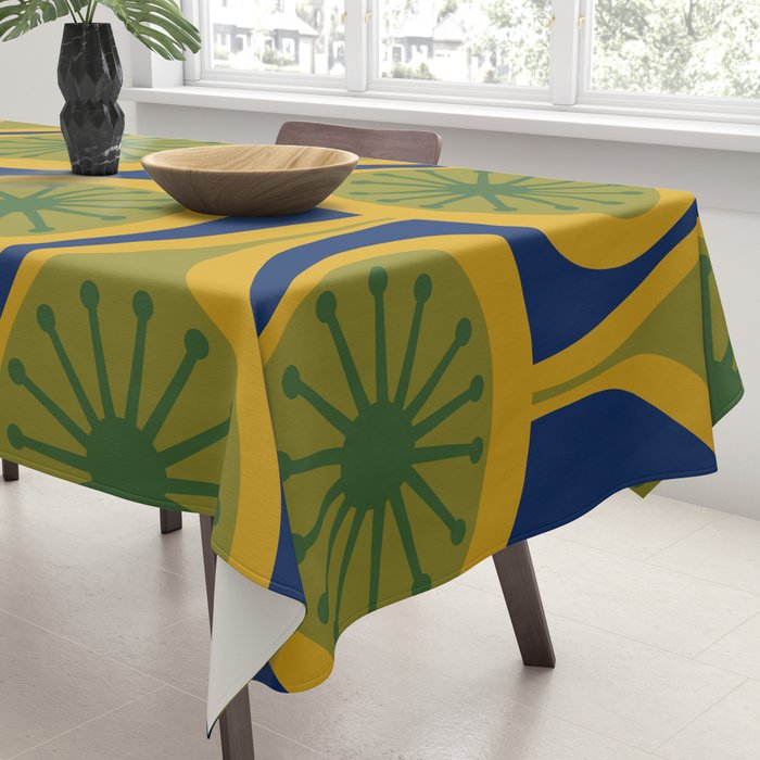 Mid Century Modern Atomic Drops Pattern Green Mustard Blue Tablecloth Gallery Image 3