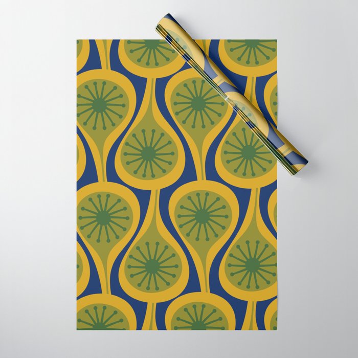 Mid Century Modern Atomic Drops Pattern Green Mustard Blue Wrapping Paper Gallery Image 1