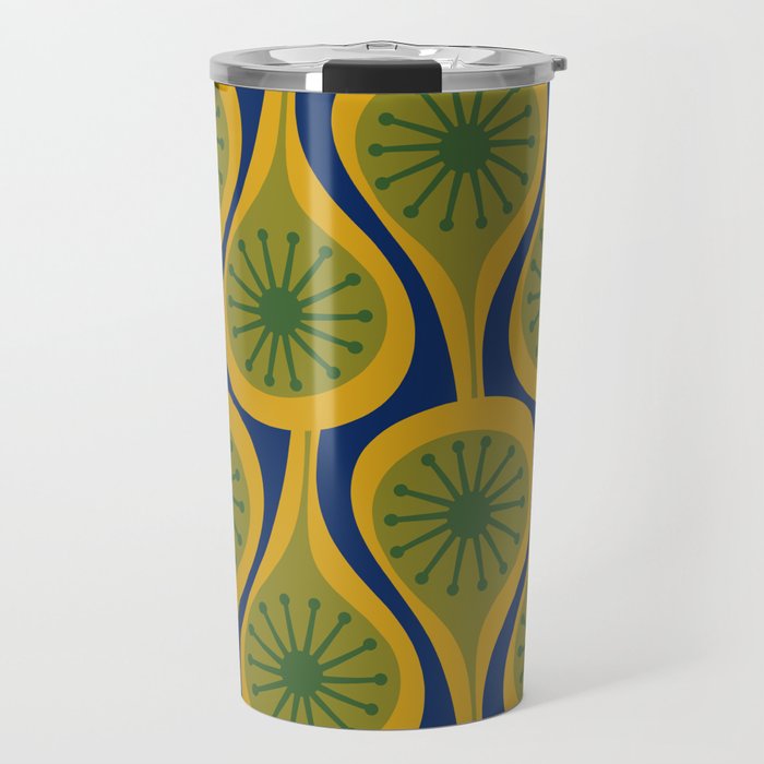 Mid Century Modern Atomic Drops Pattern Green Mustard Blue Travel Mug Gallery Image 1