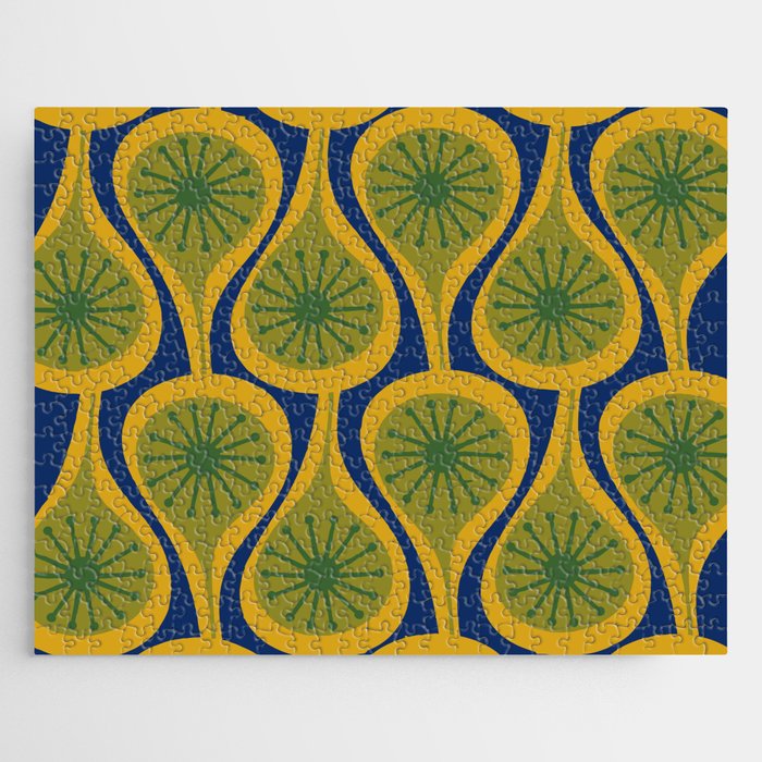 Mid Century Modern Atomic Drops Pattern Green Mustard Blue Jigsaw Puzzle Gallery Image 1