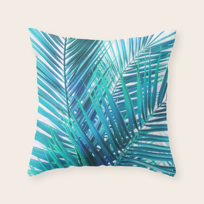 Turquoise Palm Leaves Throw Pillow