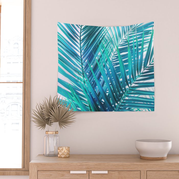 Turquoise Palm Leaves Wall Tapestry Gallery Image 2