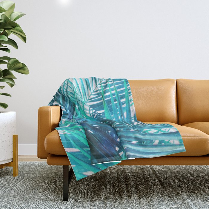 Turquoise Palm Leaves Throw Blanket Gallery Image 1