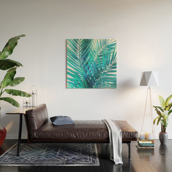 Turquoise Palm Leaves Wood Wall Art Gallery Image 2