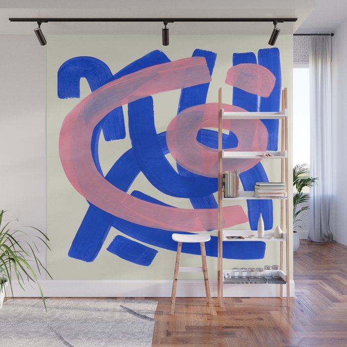 Tribal Pink Blue Fun Colorful Mid Century Modern Abstract Painting Shapes Pattern Wall Mural Gallery Image 1
