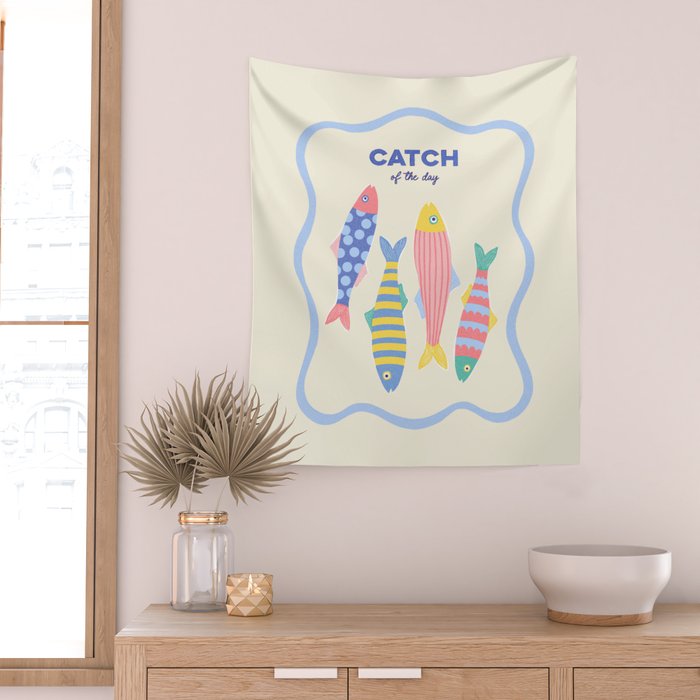  Catch of the Day - Playful Retro Sardine in fun stripes and dots Wall Tapestry Gallery Image 2