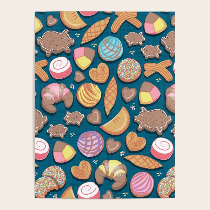 Mexican Sweet Bakery Frenzy // turquoise background // pastel colors pan dulce Poster Gallery Image 4