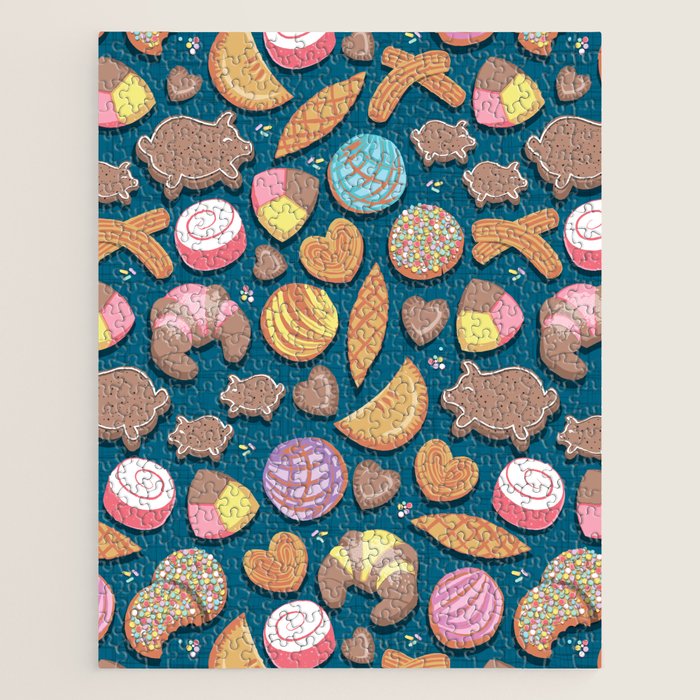 Mexican Sweet Bakery Frenzy // turquoise background // pastel colors pan dulce Jigsaw Puzzle Gallery Image 1