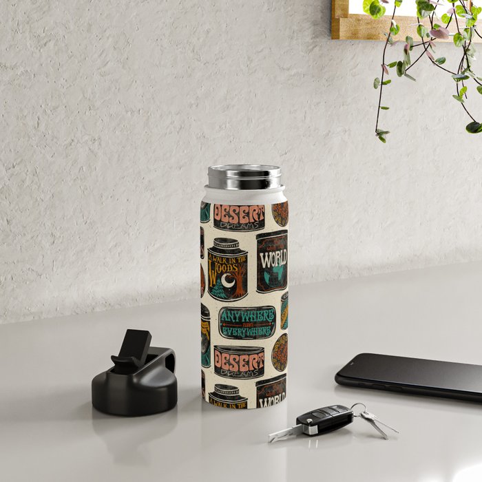 Vagabondâs Cupboard - black and cream with red, gold, teal, and peach Water Bottle Gallery Image 4
