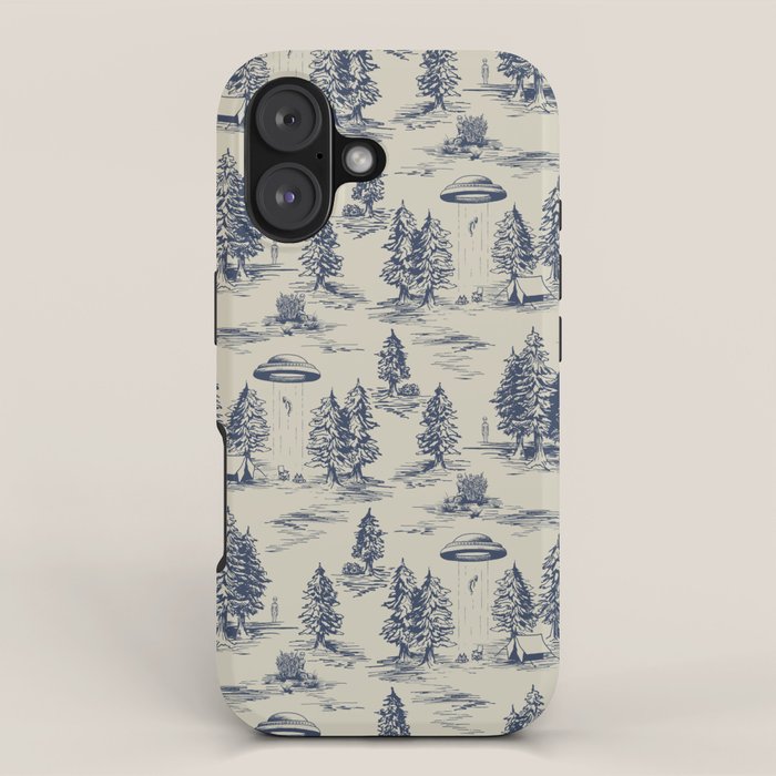 Alien Abduction Toile De Jouy Pattern in Blue iPhone Case