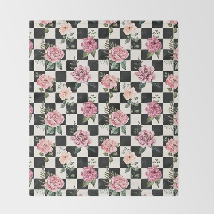 Moonlit Hollow Vintage Checkered Floral Throw Blanket Gallery Image 2