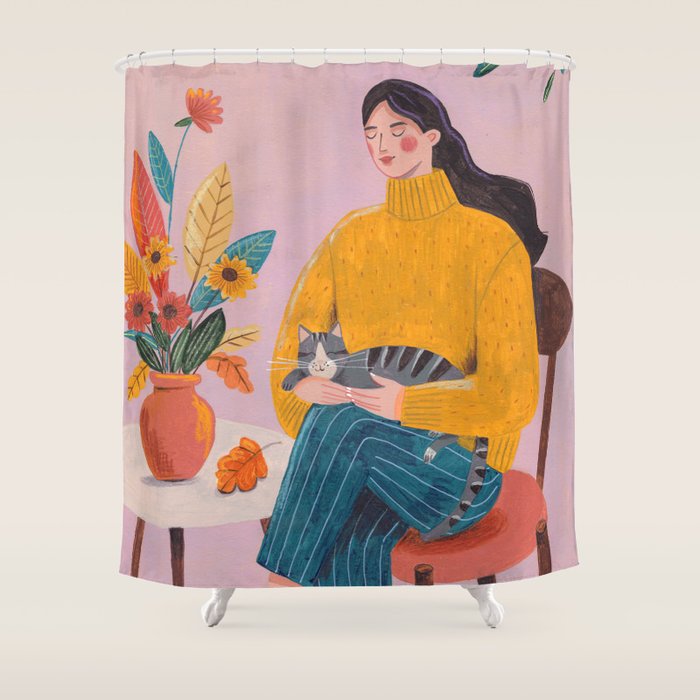Woman with Cat and Autumn Bouquet Shower Curtain Gallery Image 1