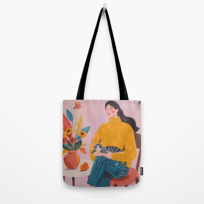 Woman with Cat and Autumn Bouquet Tote Bag Gallery Image 2