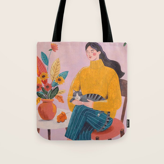 Woman with Cat and Autumn Bouquet Tote Bag Gallery Image 1