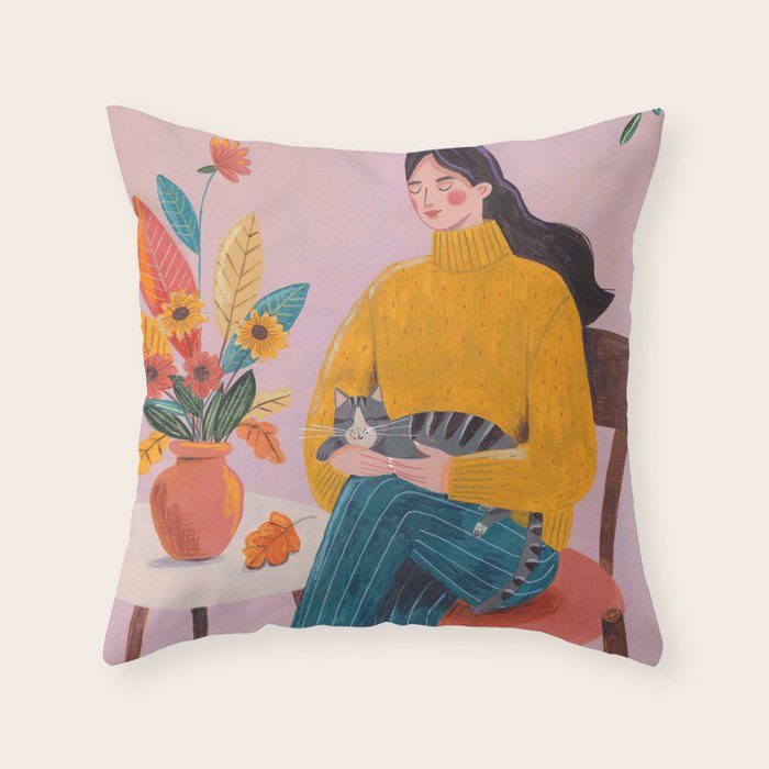 Woman with Cat and Autumn Bouquet Throw Pillow Gallery Image 6