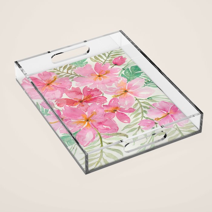 Tropical Pink Hibiscus Watercolor Flowers Acrylic Tray Gallery Image 1