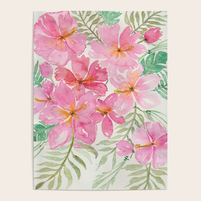 Tropical Pink Hibiscus Watercolor Flowers Poster Gallery Image 4