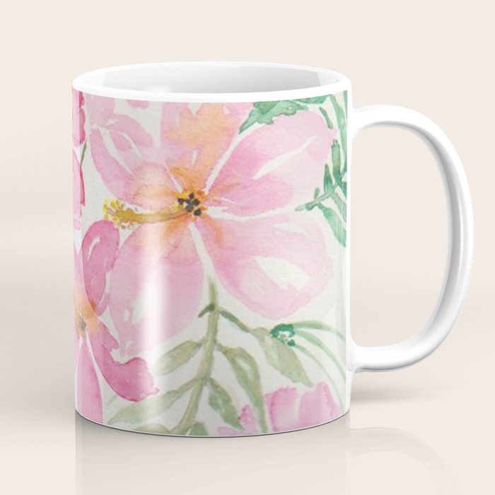 Tropical Pink Hibiscus Watercolor Flowers Coffee Mug Gallery Image 1