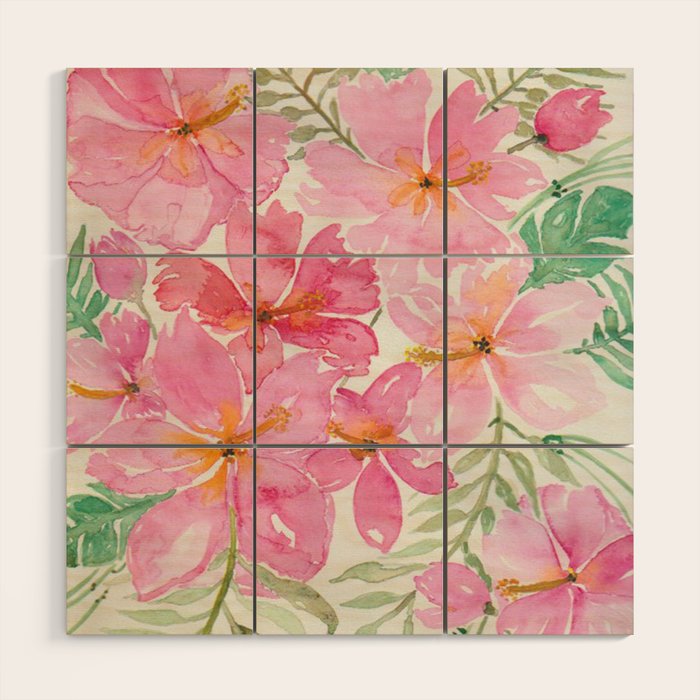 Tropical Pink Hibiscus Watercolor Flowers Wood Wall Art Gallery Image 1
