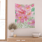 Tropical Pink Hibiscus Watercolor Flowers Wall Tapestry Gallery Image 2