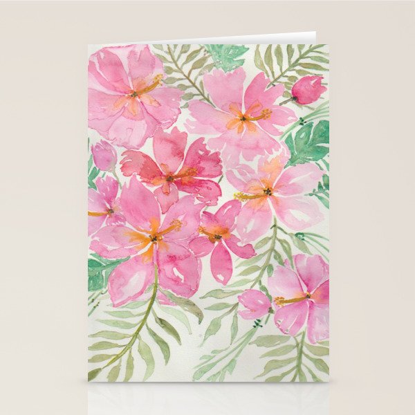Tropical Pink Hibiscus Watercolor Flowers Stationery Card Gallery Image 2