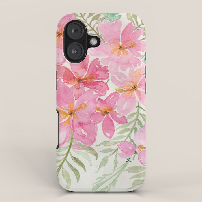 Tropical Pink Hibiscus Watercolor Flowers iPhone Case Gallery Image 1