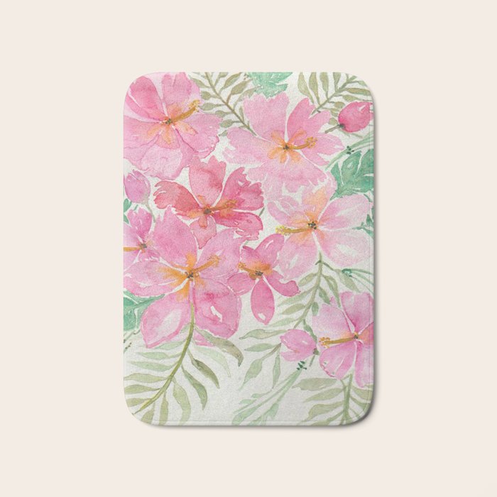 Tropical Pink Hibiscus Watercolor Flowers Bath Mat Gallery Image 1