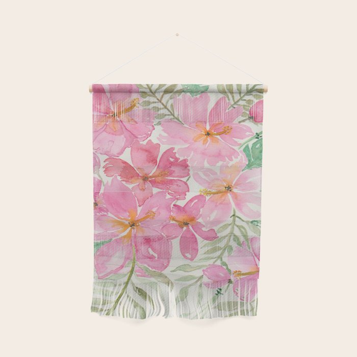 Tropical Pink Hibiscus Watercolor Flowers Wall Hanging Gallery Image 1