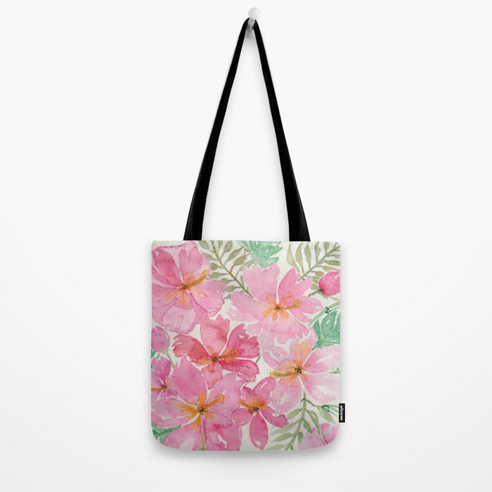 Tropical Pink Hibiscus Watercolor Flowers Tote Bag Gallery Image 2