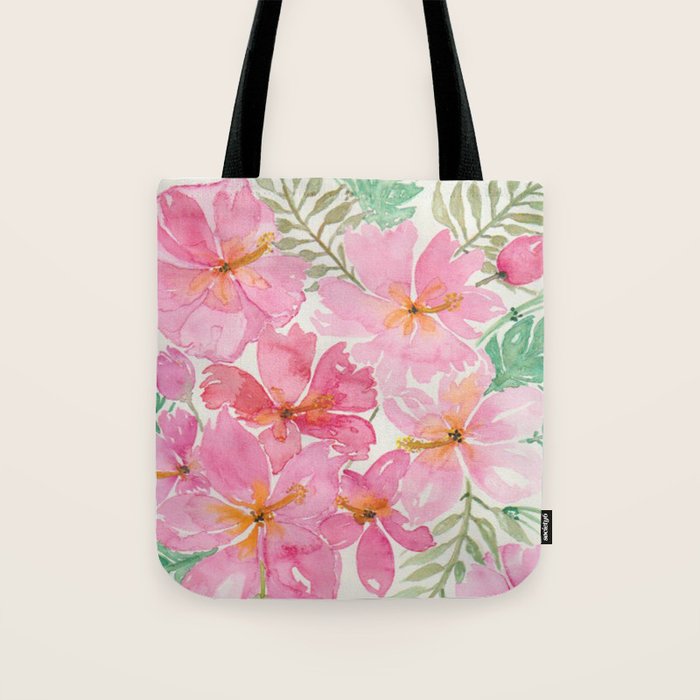Tropical Pink Hibiscus Watercolor Flowers Tote Bag Gallery Image 1