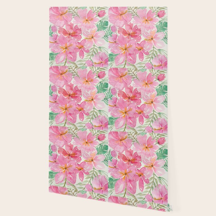Tropical Pink Hibiscus Watercolor Flowers Wallpaper Gallery Image 2