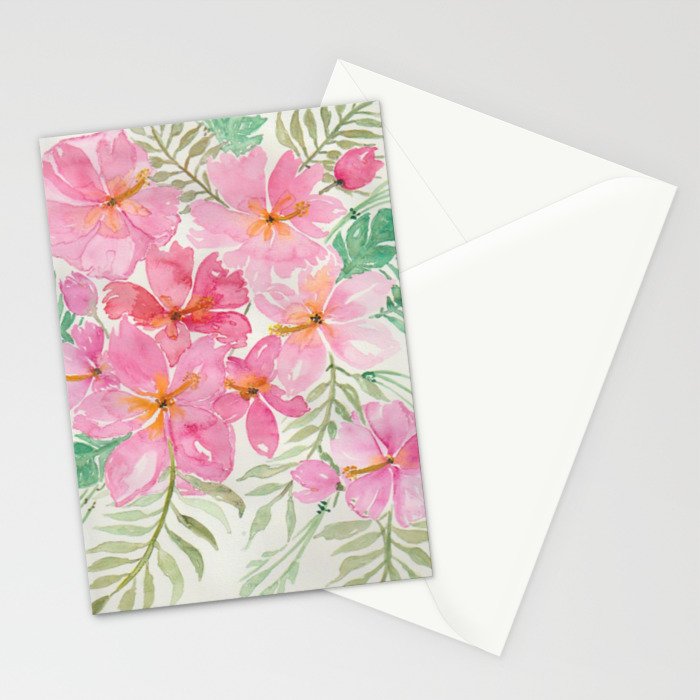 Tropical Pink Hibiscus Watercolor Flowers Stationery Card Gallery Image 2