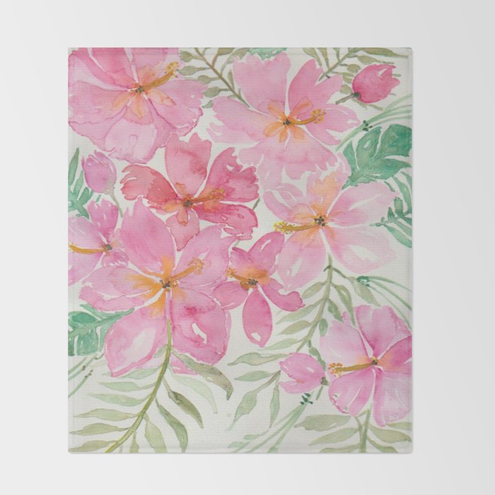 Tropical Pink Hibiscus Watercolor Flowers Throw Blanket Gallery Image 2