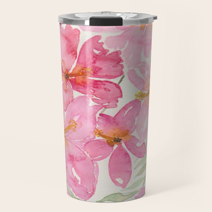 Tropical Pink Hibiscus Watercolor Flowers Travel Mug Gallery Image 1