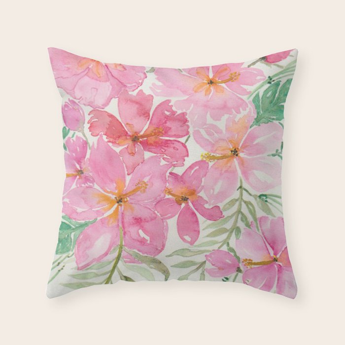 Tropical Pink Hibiscus Watercolor Flowers Throw Pillow Gallery Image 1
