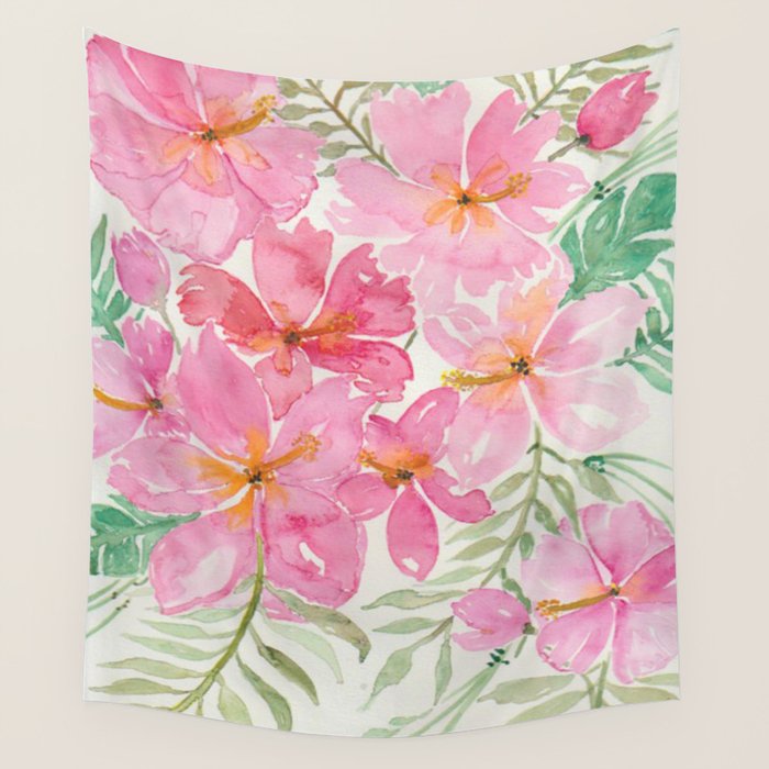 Tropical Pink Hibiscus Watercolor Flowers Wall Tapestry Gallery Image 4
