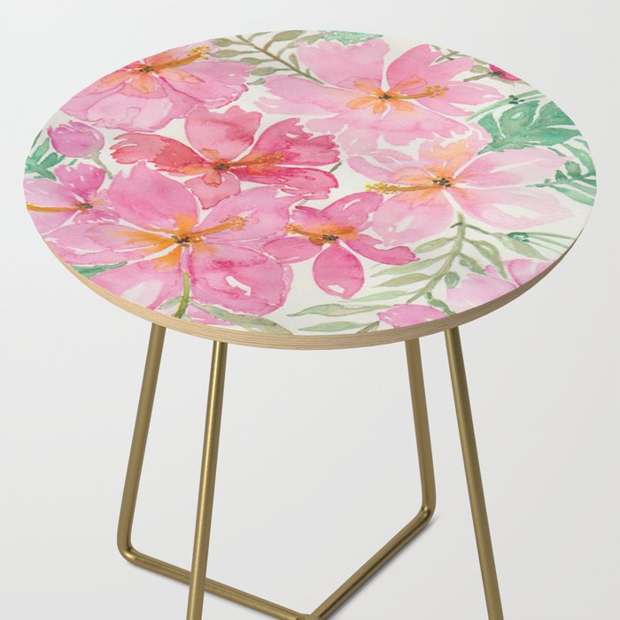 Tropical Pink Hibiscus Watercolor Flowers Side Table Gallery Image 2